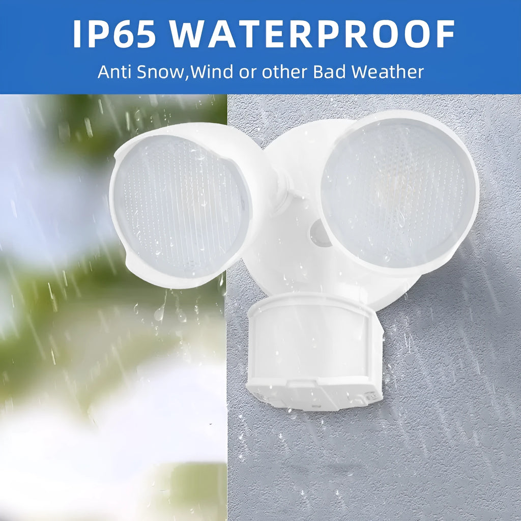 White rectangular 120V LED security flood light with motion sensor, shown mounted on an exterior wall.