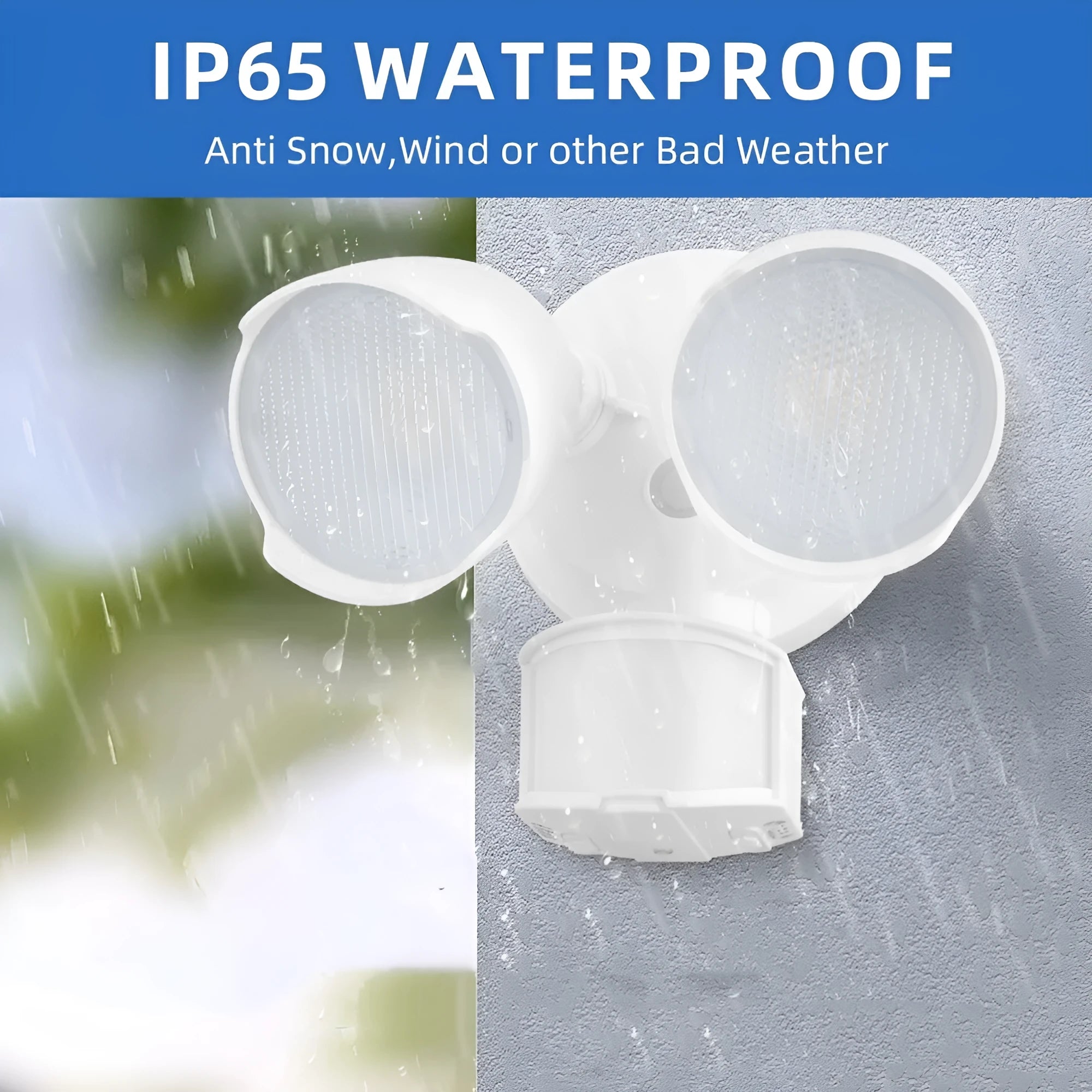 White rectangular 120V LED security flood light with motion sensor, shown mounted on an exterior wall.