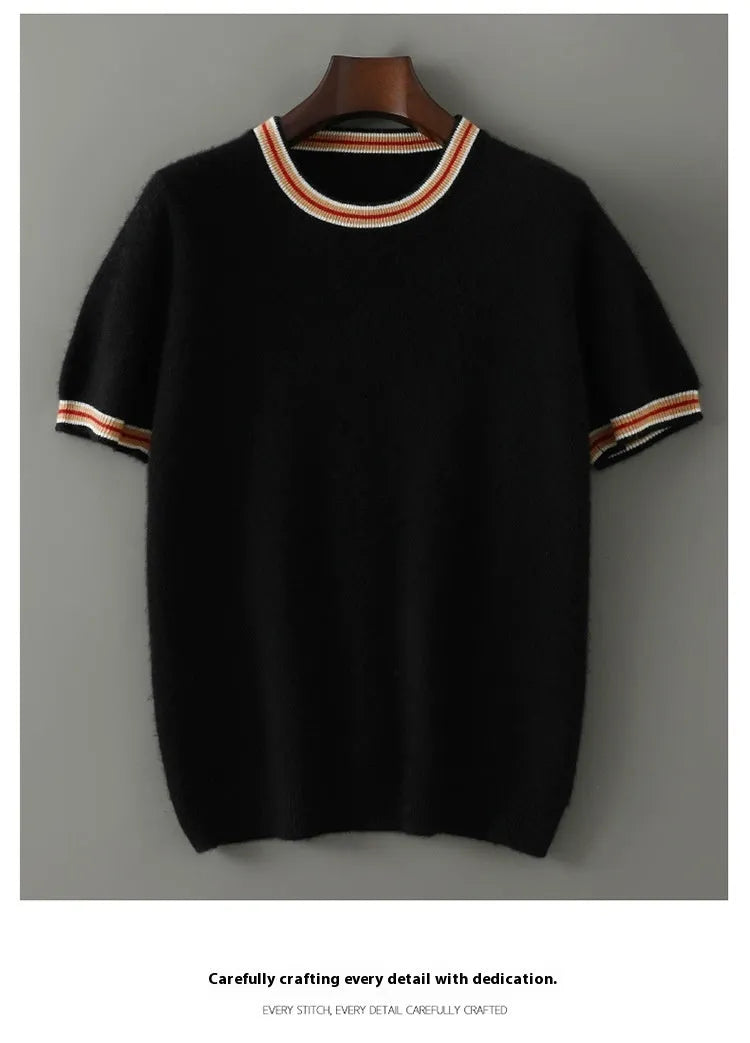 Men's short sleeve round neck pure wool sweater in black, grey, or white.