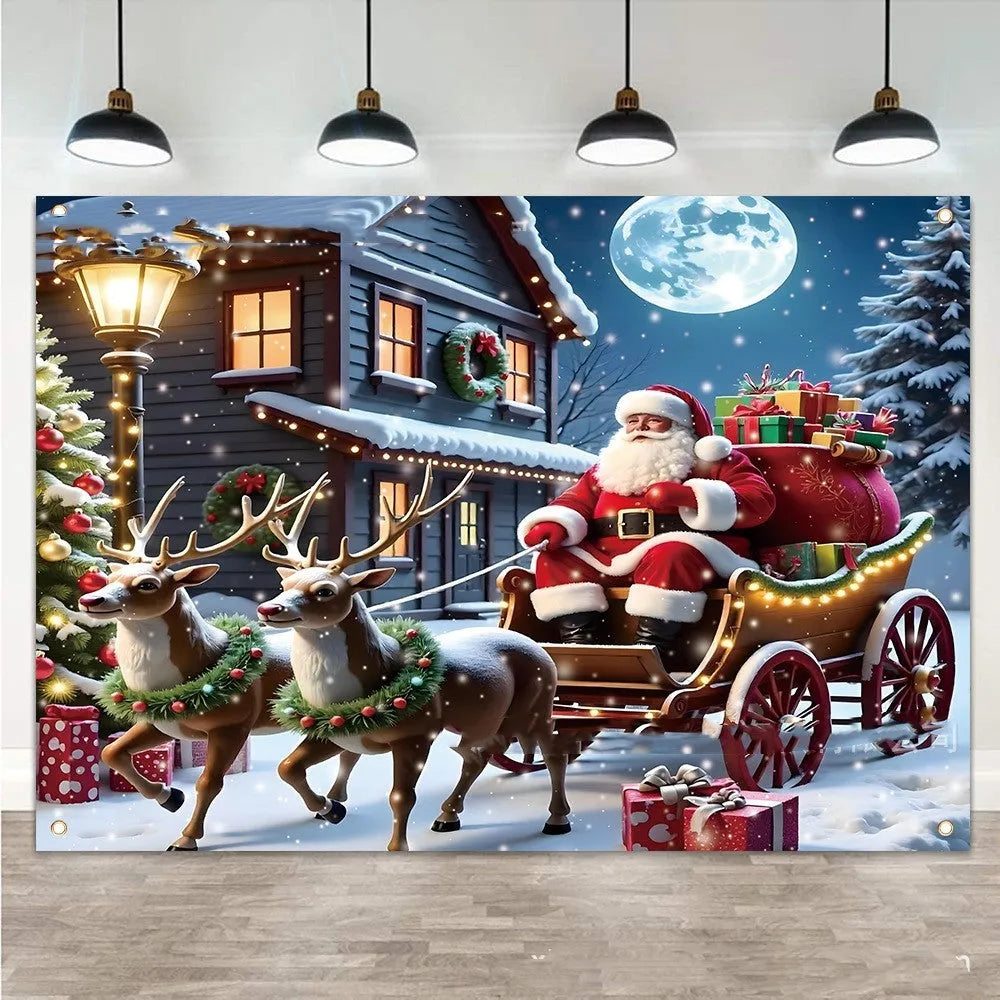 Christmas banner with Santa Claus and gifts design on polyester fabric measuring 210x150cm
