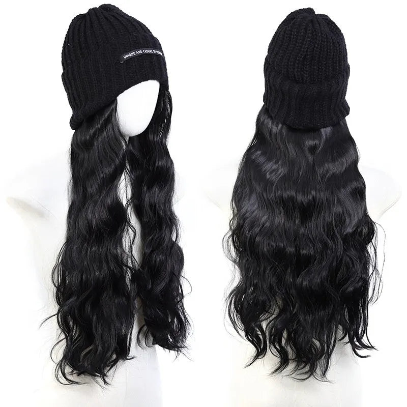 Hat wig with knitted hat and long curly high temperature fibre synthetic hair for ladies