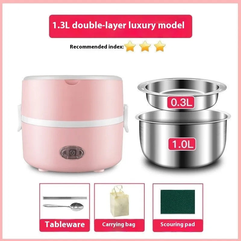 Portable plug-in insulated lunch box in double layer pink with stainless steel inner liner and electrical plug