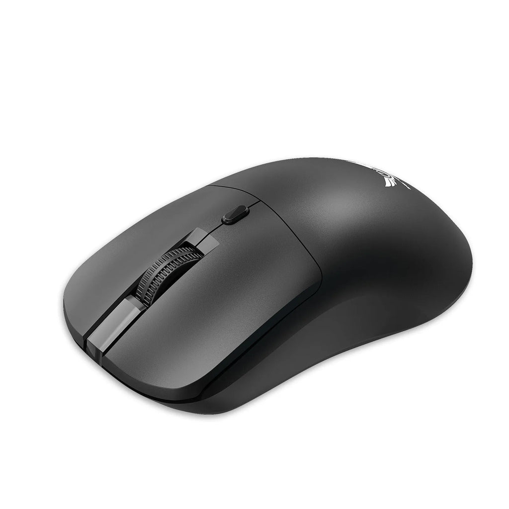 Black wireless computer mouse with three audio control buttons beside scroll wheel