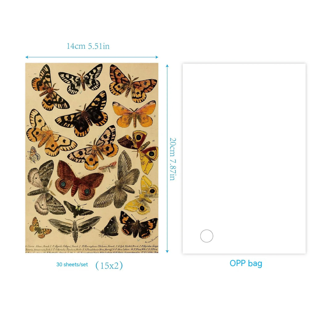 30 pieces of retro-style printed scrapbook paper with nature and music designs.