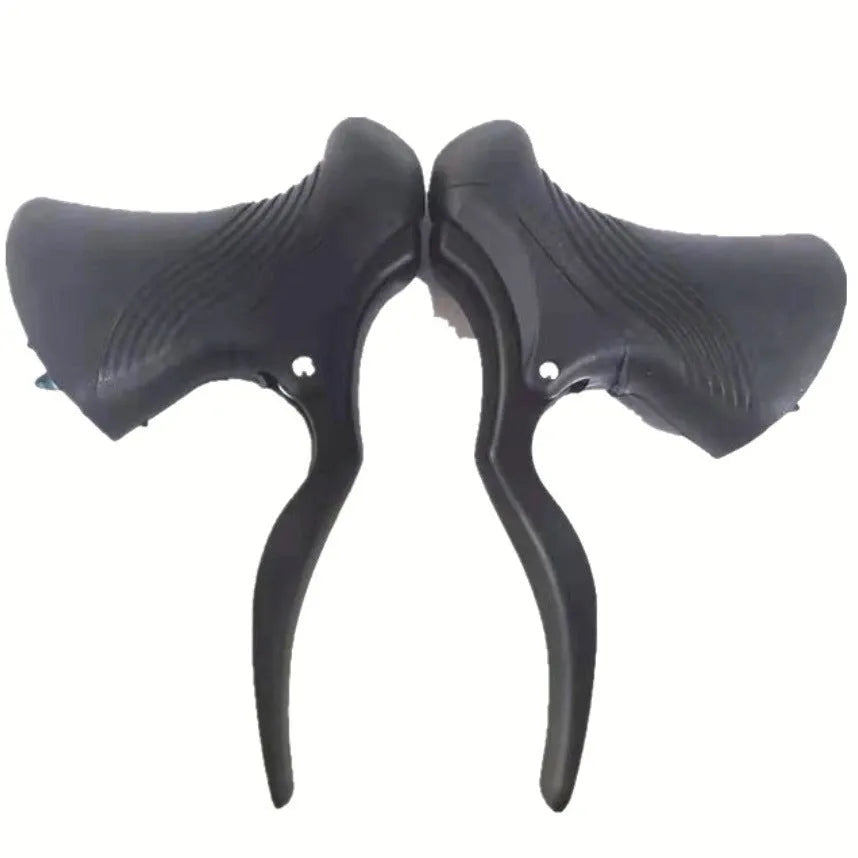 A pair of aluminium alloy road bicycle brake handles in black and black-silver colours.