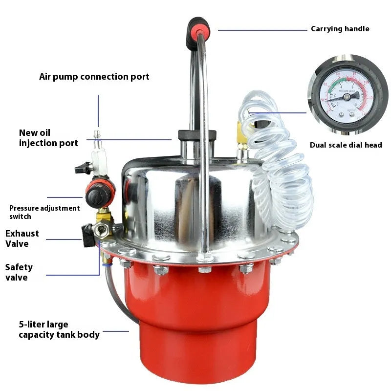 Pneumatic brake fluid replacement machine with 10 litre tank and manual pressure control gauge