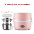 Portable plug-in insulated lunch box in double layer pink with stainless steel inner liner and electrical plug
