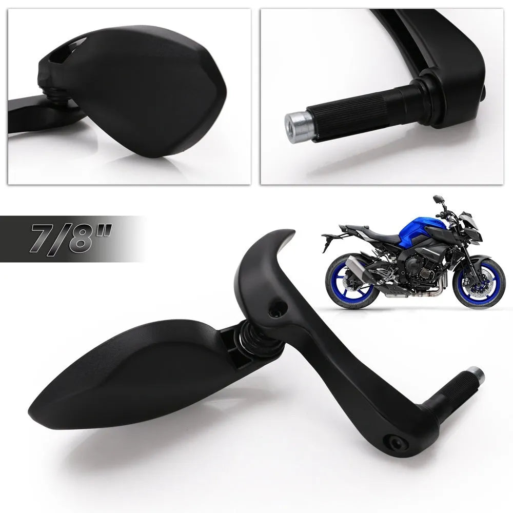 Black motorcycle hand guard with glass secondary side mirror and plastic housing