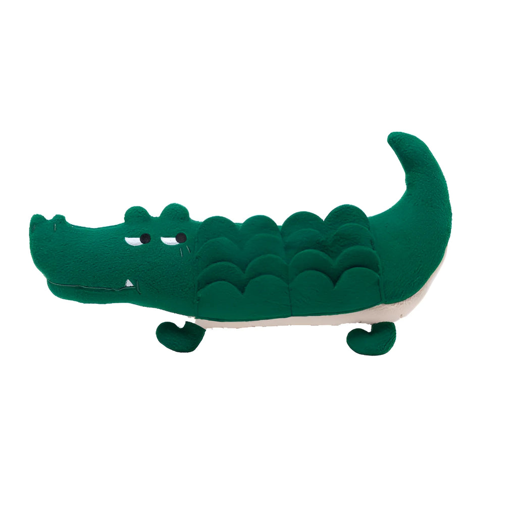 Green plush toy dog soft toy on white background, showing its 35cm length.