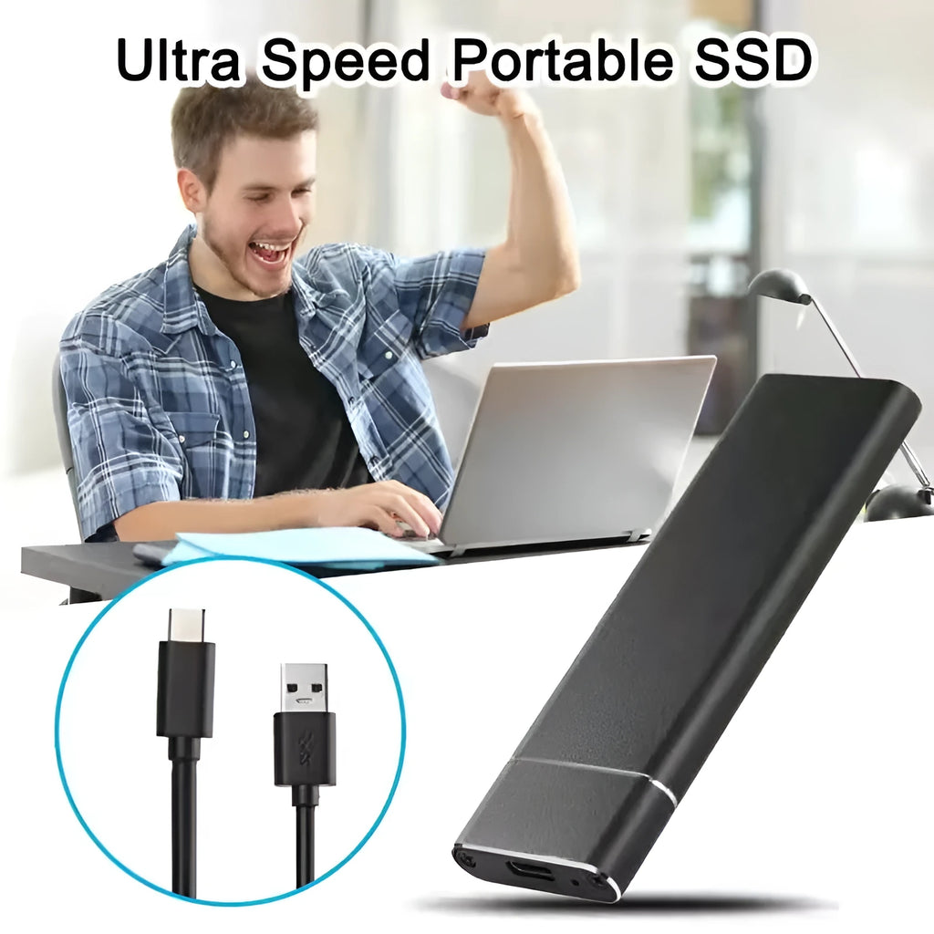 6TB 2.5-inch SSD external hard drive in an ultra-thin metal case with data cable.