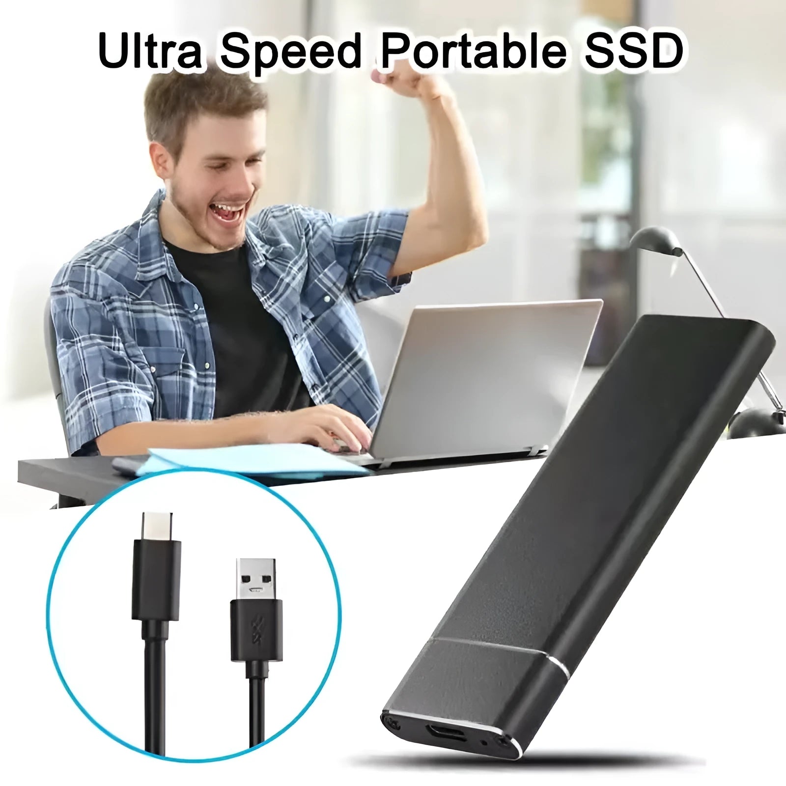6TB 2.5-inch SSD external hard drive in an ultra-thin metal case with data cable.