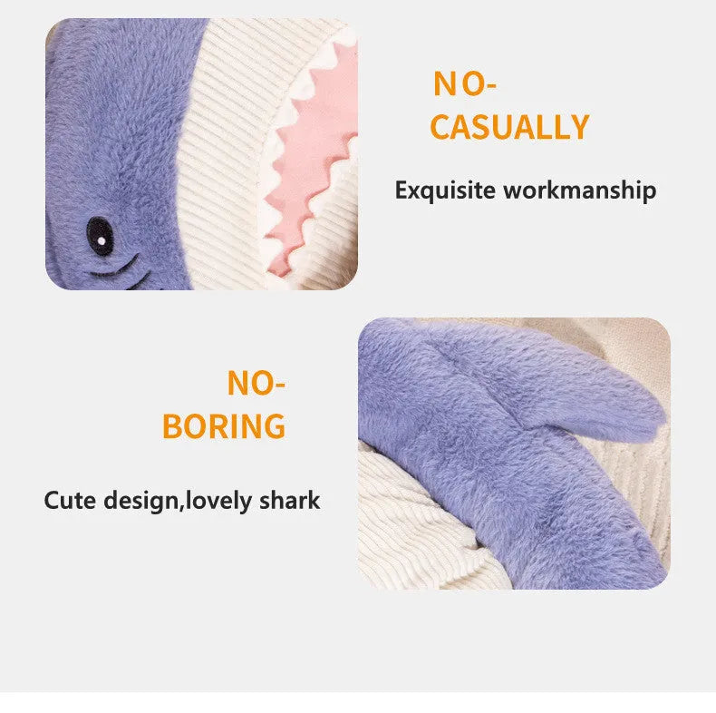 Shark pattern pet bed cushion in blue or grey with non-slip base for dogs and cats