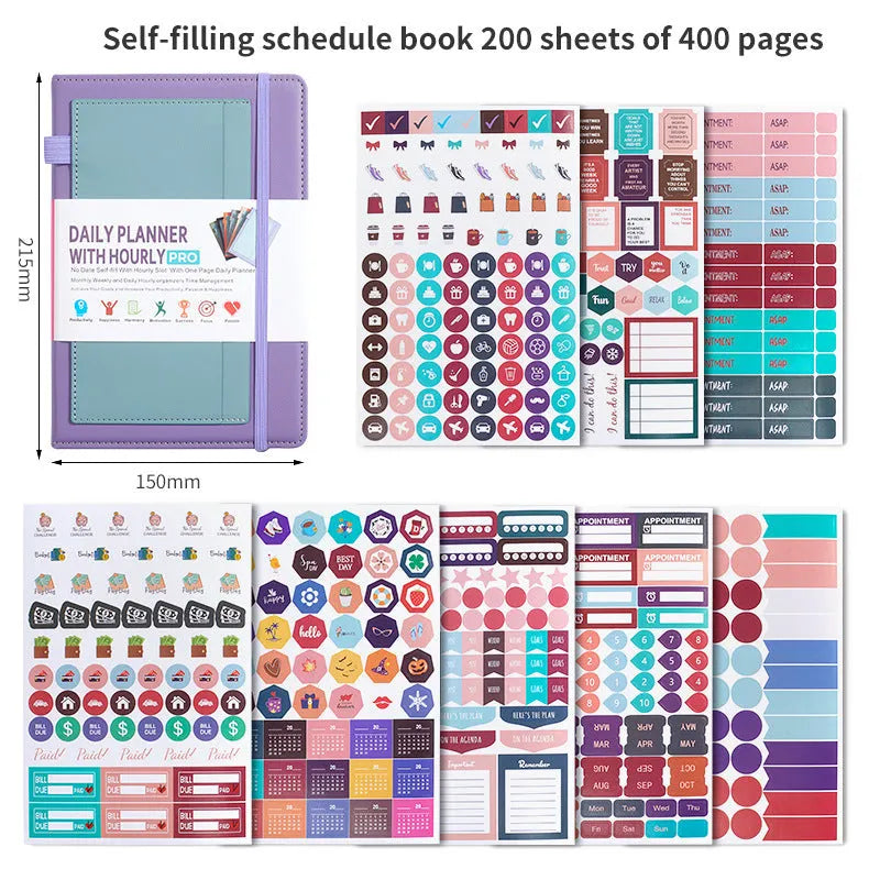 Undated A5 notebook with strap closure in purple PU cover, lying open on flat surface