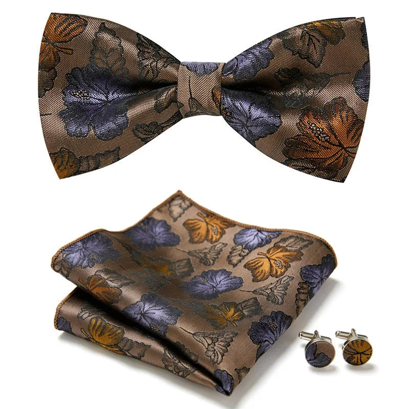 Floral Bow Tie Set of Three Pieces Polyester Yarn Hand-Sewn 12cm by 6cm Bow Tie with Matching Pocket Square 25x25cm and Cufflinks 1.5cm for Men's Formal Wedding and Party Accessories Multistyle Options
