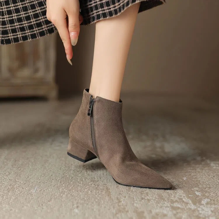 Women's matte suede chunky-heel ankle boots with pointed toe and side zipper in black with cotton lining