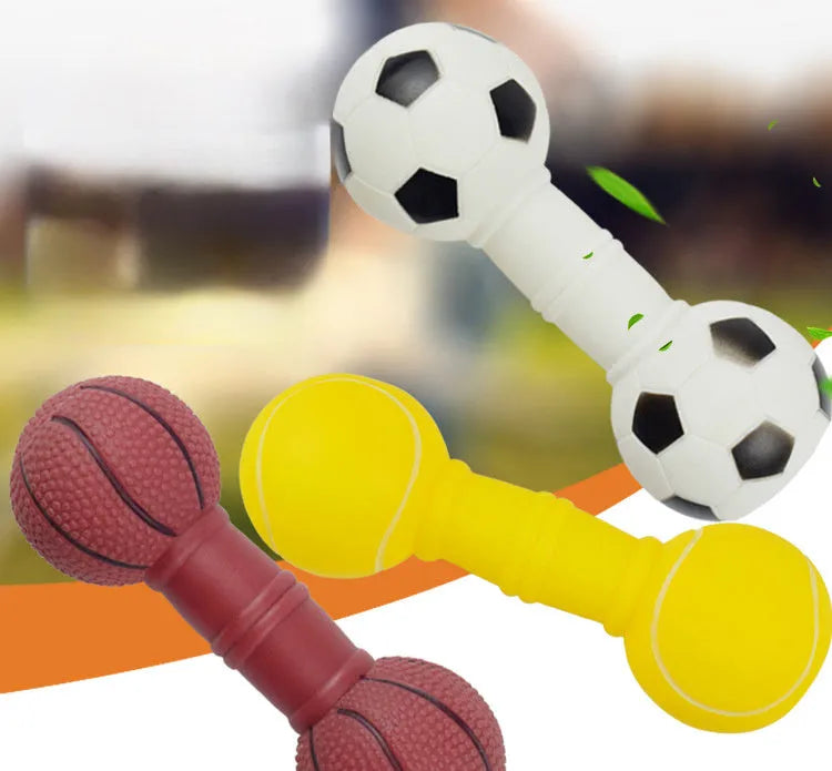 Football dumbbell shaped dog squeaky chew toy in brown, orange, white, and yellow colour options