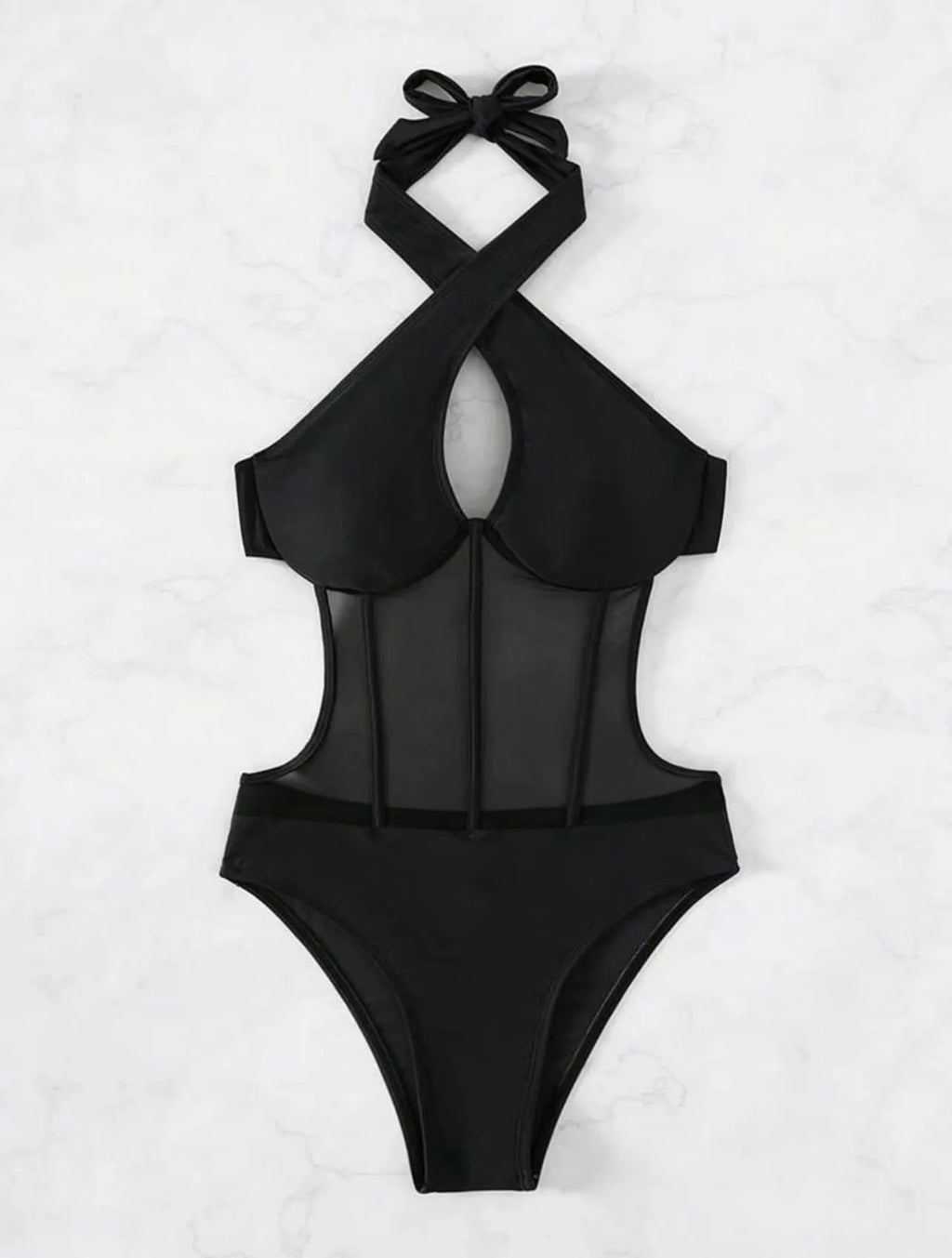 Women's black one-piece spun yarn swimsuit showing front view with nylon-spandex fabric blend