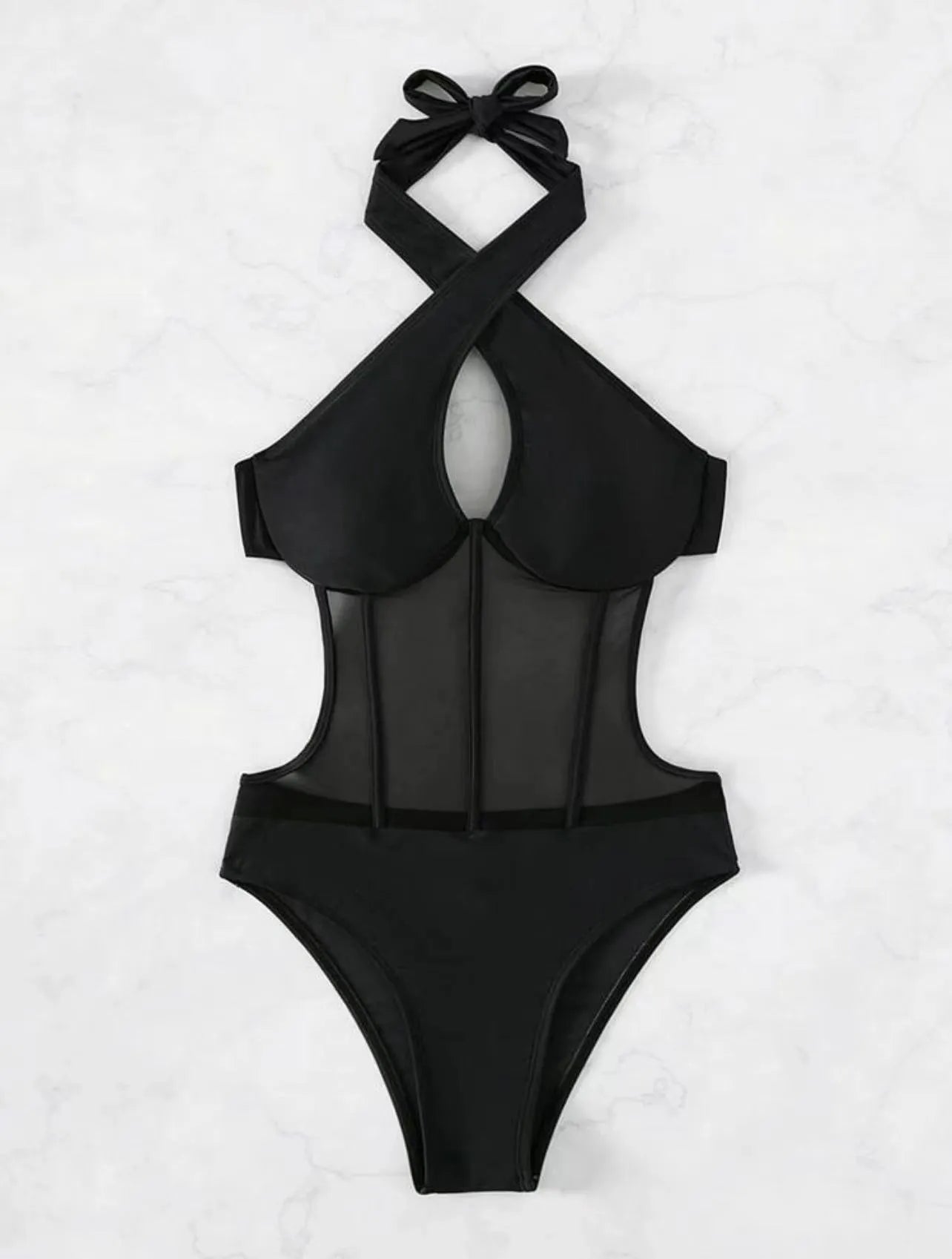 Women's black one-piece spun yarn swimsuit showing front view with nylon-spandex fabric blend