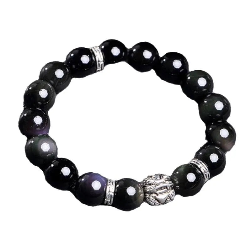 Obsidian bracelet with natural cloud pattern and silver clasp shown in male 12mm and female 10mm sizes.