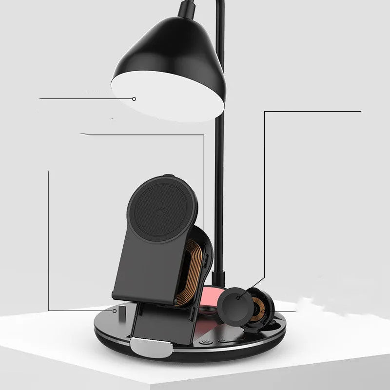 Black magnetic folding wireless charger showing adjustable angles and USB connection