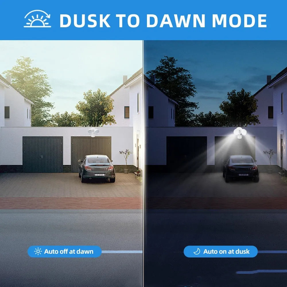 White rectangular 120V LED security flood light with motion sensor, shown mounted on an exterior wall.