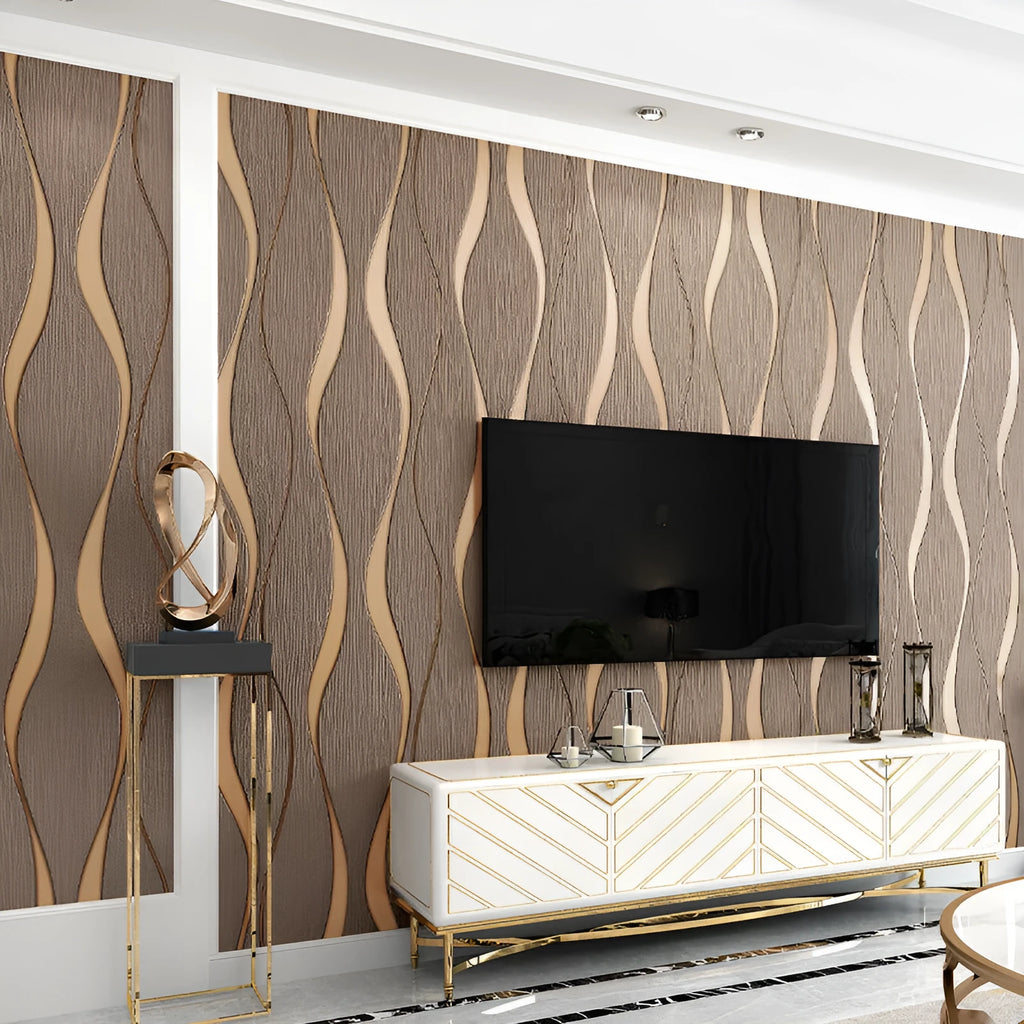 Curve stripe 3D textured wallpaper roll in dark brown deerskin velvet