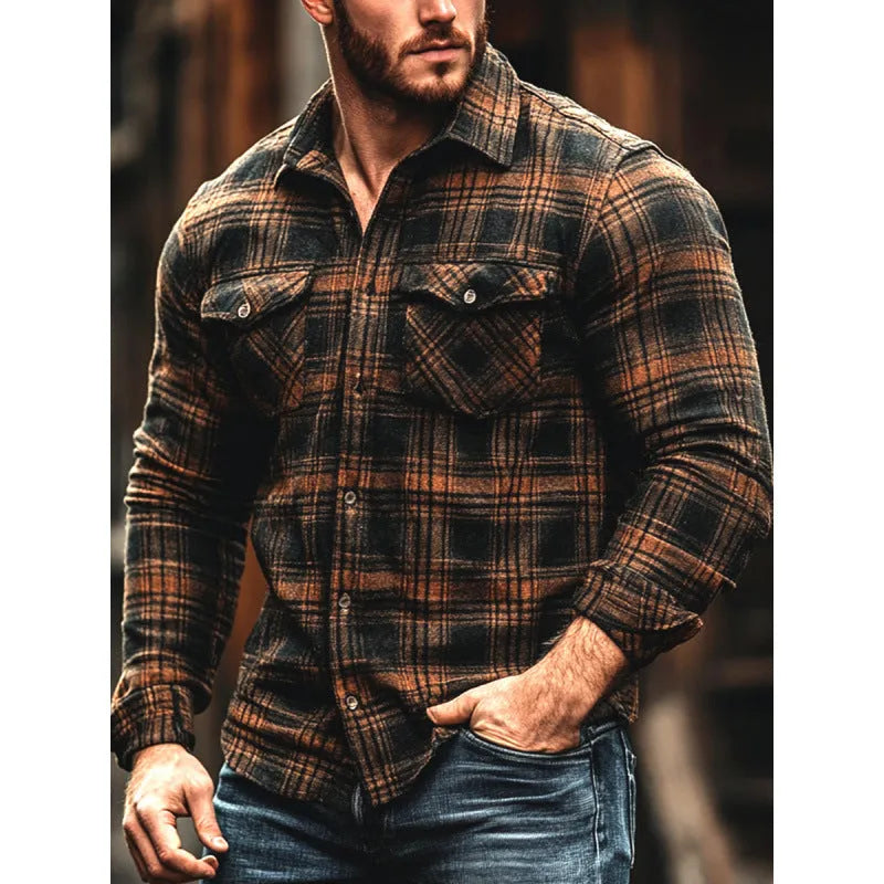 Men's fleece-lined plaid pocket shirt in cardigan style with long sleeves, available in multiple colours