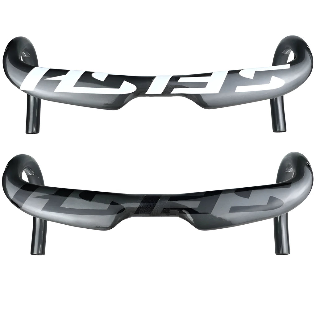 Carbon fibre road bike drop handlebar shown in black, white, or matte white finish, with 31.8mm clamp.