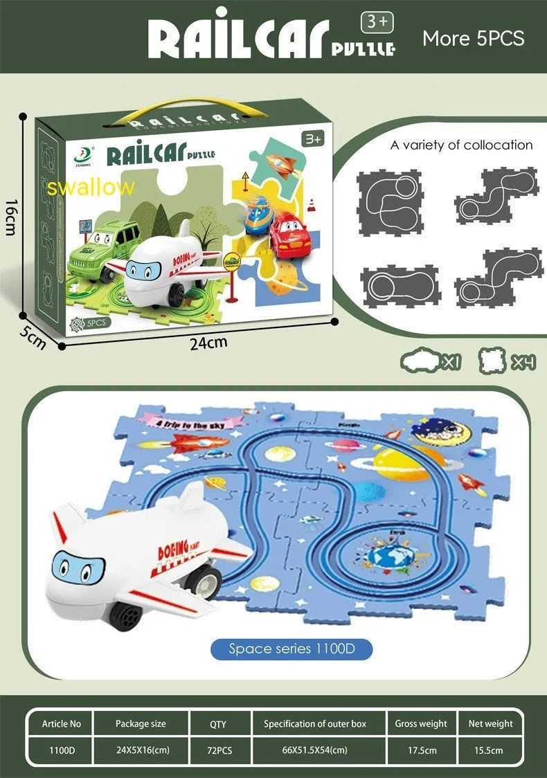 Children puzzle electric railroad speeder DIY track set with automatic car on grooved rails