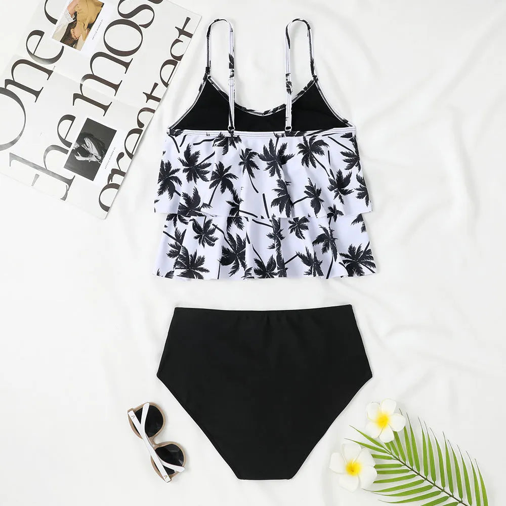 High-waisted double-layer swimsuit with black and coconut tree print patterns for women