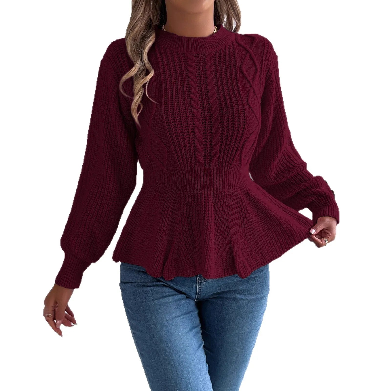Twist waist trimming ruffles long sleeve pullover in white, wine red, and pink, available in sizes S to XL
