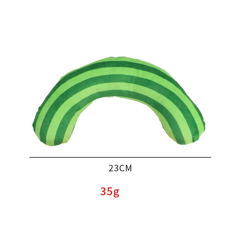 Green, rainbow, and yellow striped plush cat pillow with attached noise toy, measuring 23cm by 20cm.