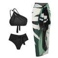 Women's brown push-up high-waist bikini with a matching chiffon skirt cover-up laid flat.