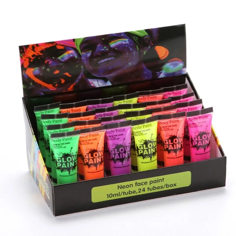25ml neon face paint tubes in red, yellow, green, purple, orange, and pink colours with safe non-toxic gouache formula