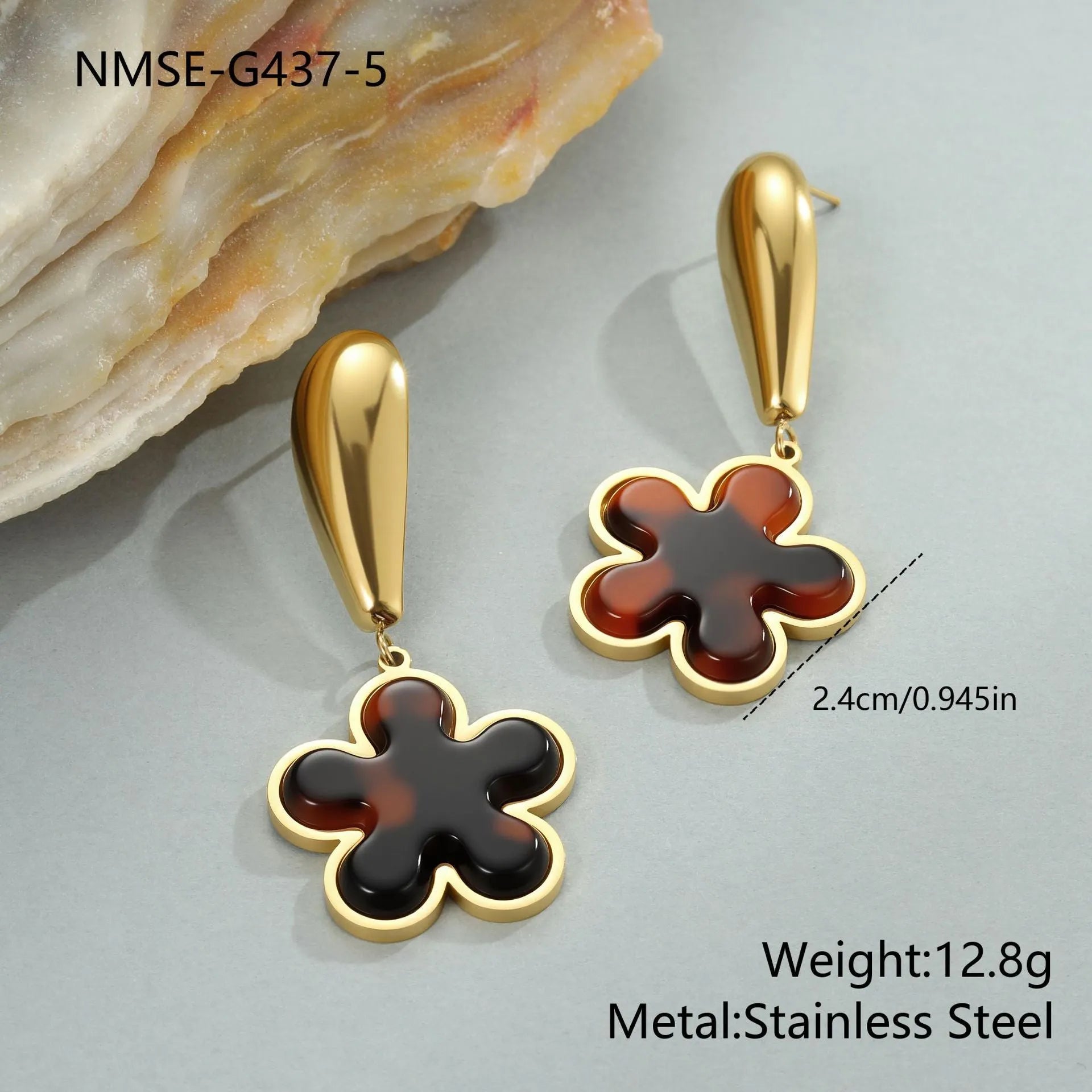 Tortoiseshell resin hawksbill colour earrings with 18K gold plating on stainless steel in heart-shaped and floral geometric designs