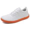 Men's army green Flyknit wide toe walking shoes with round toe and flat rubber sole on a white background.