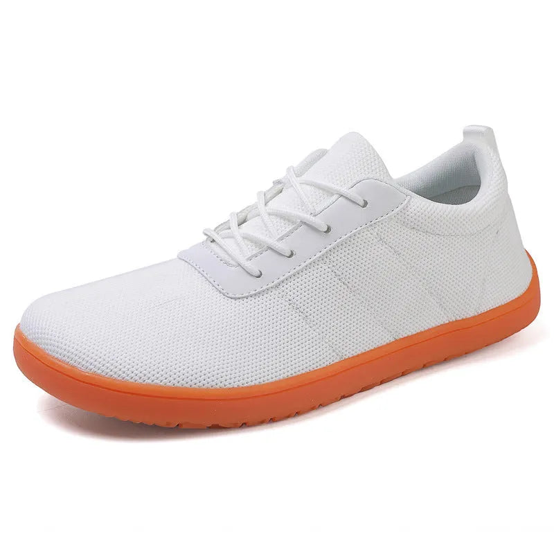 Men's army green Flyknit wide toe walking shoes with round toe and flat rubber sole on a white background.