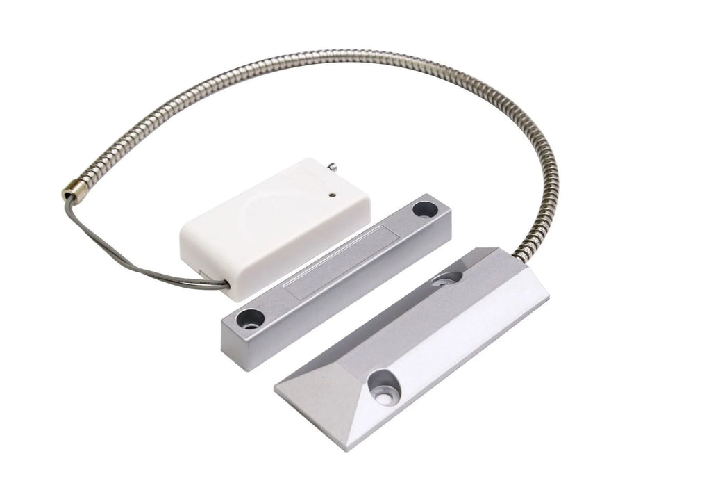 Wireless rolling shutter door magnetic smart detector in silver finish on a white background