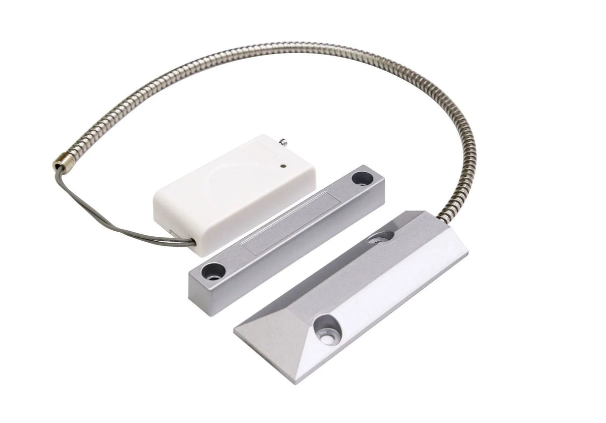 Wireless rolling shutter door magnetic smart detector in silver finish on a white background
