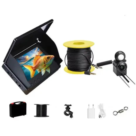 Underwater fish finder camera with 4.3-inch screen showing HD footage of fish, with temperature display and night vision lights.