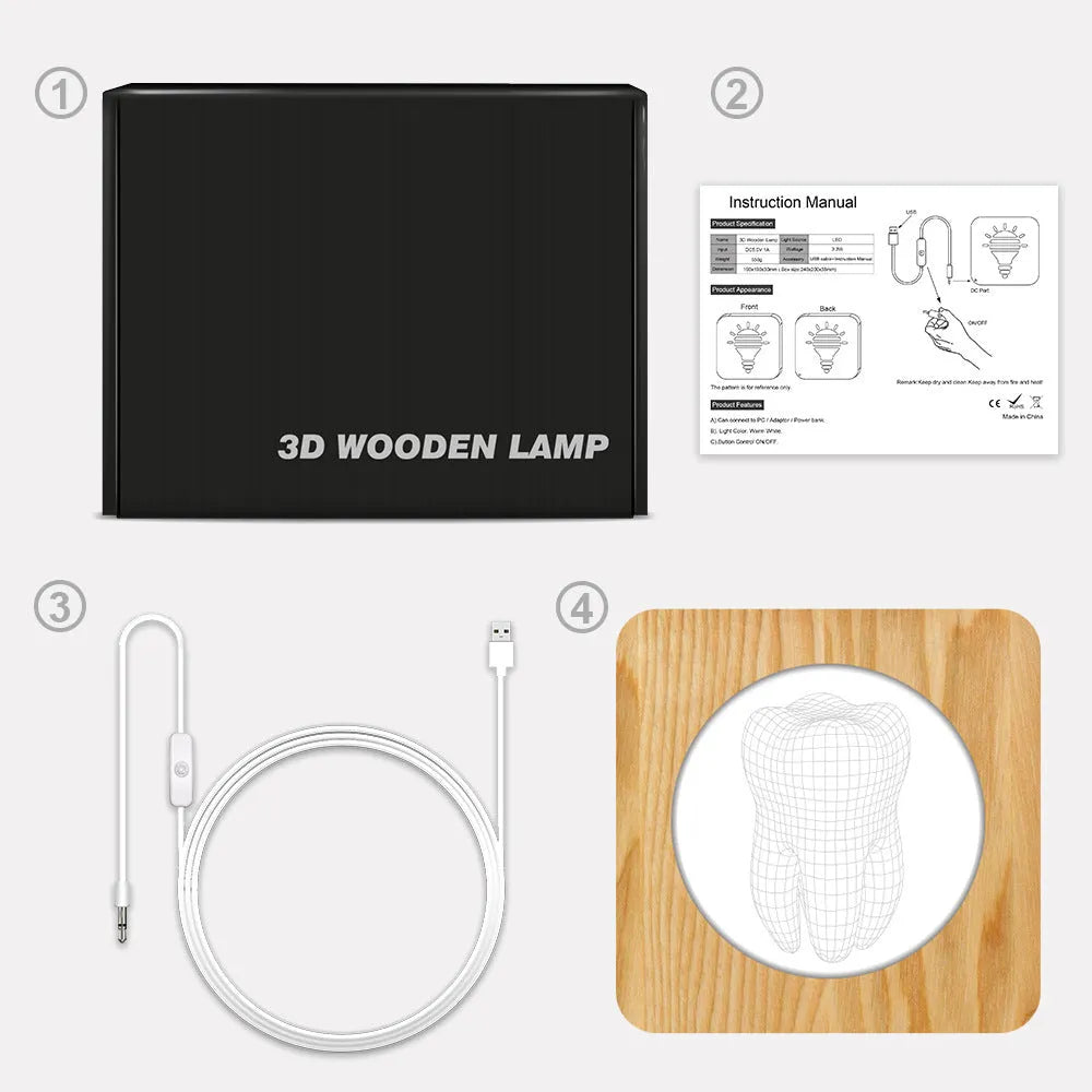 Tooth-shaped wooden-colour acrylic night lamp with USB cable on a surface.