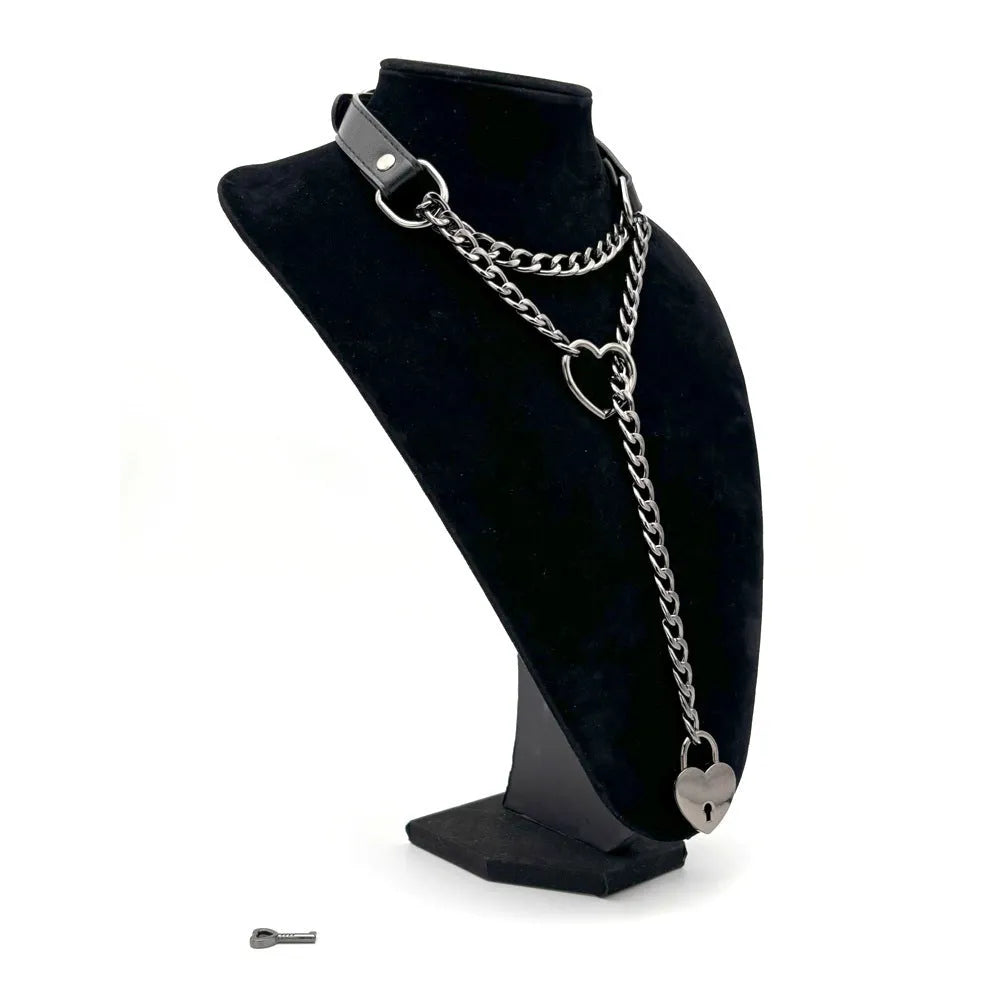Leather traction collar in black with silver accents, necklace-style design for men and women