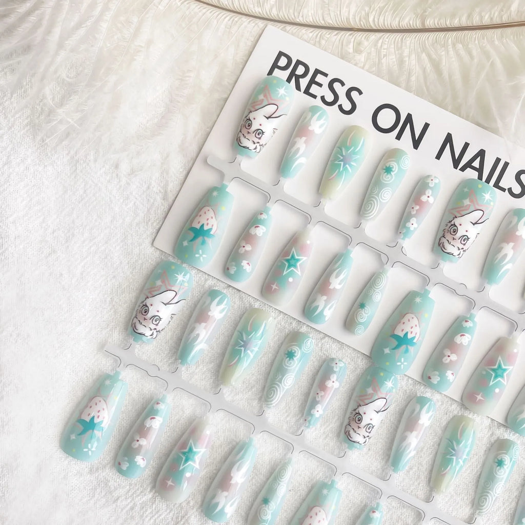 Cartoon cute rabbit middle ladder fake nails with cat's paw pattern, Rabbit Planet XB2-902, 40 pieces.