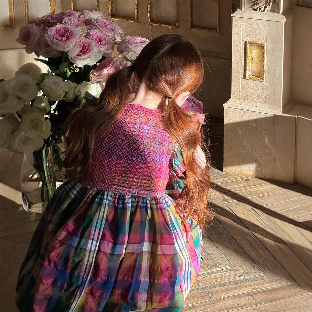 Cotton girls' retro plaid sleeveless dress in red plaid, suitable for height 100-140cm