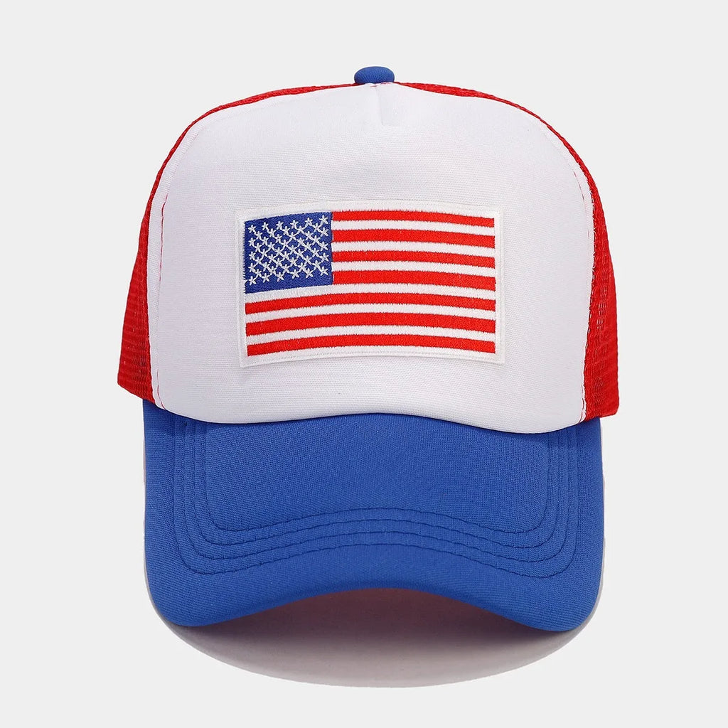Red and blue contrasting mesh baseball cap with adjustable fit and breathable space cotton construction
