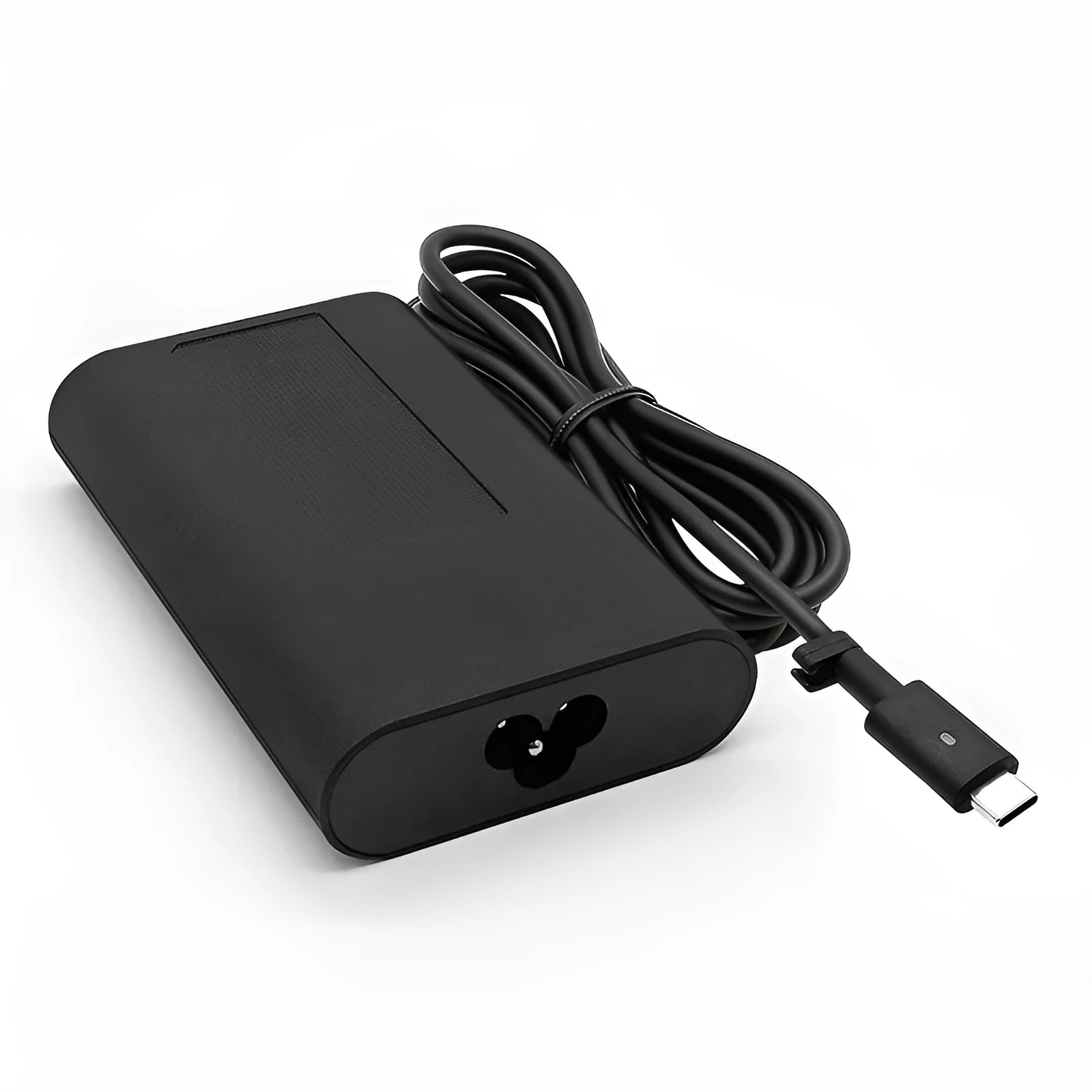 Black oval 65W Type-C laptop power adapter with multiple international plug configurations