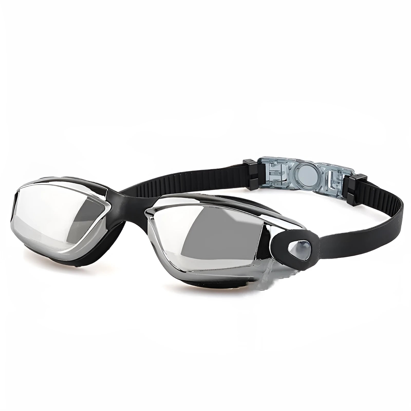 Swimming goggles with PC lens, silicone nasal splint, and earplugs in black-silver plated colour