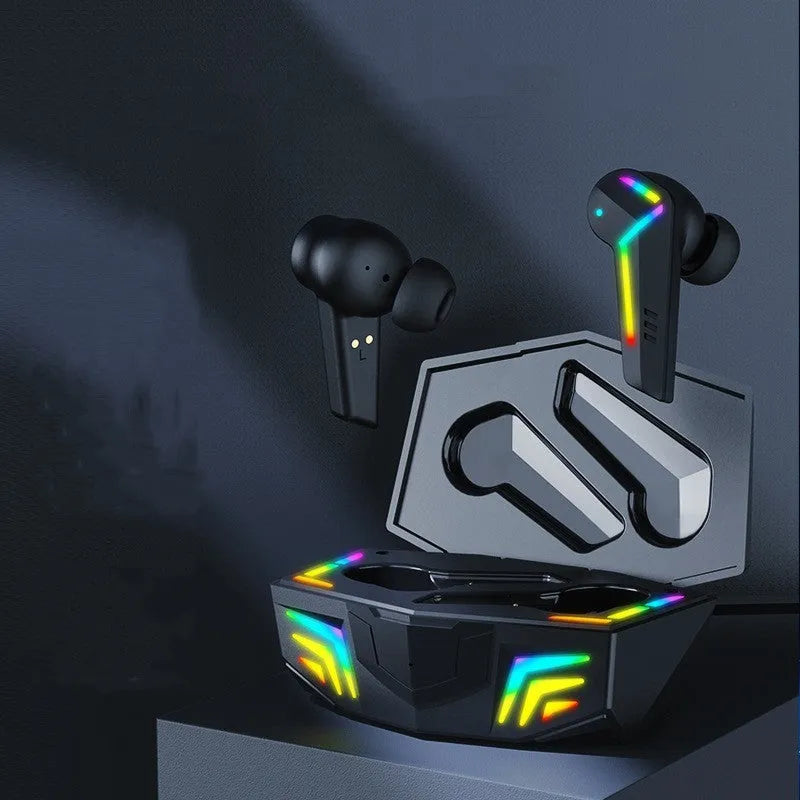 Black TWS Bluetooth sport headset with low latency for gaming and wireless calls.