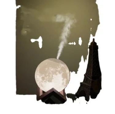 Lunar humidifier night light with spherical design, 13cm diameter, showing LED lighting and water tank