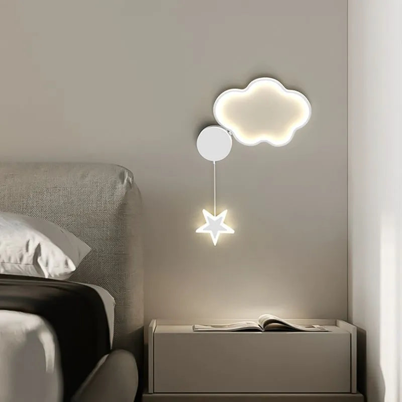Cartoon cloud and five-pointed star themed bedside wall lamp for a child's room.
